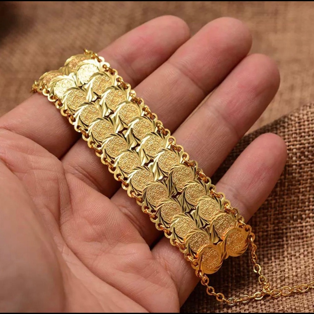 24K Gold Plated Double Chain Bracelet Coin Style